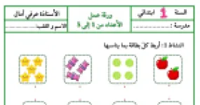 رأس الصفحة الأولى من ورقة عمل الأعداد من 1 إلى 5 في الرياضيات للسنة الأولى ابتدائي - الأستاذة عرفي أمال