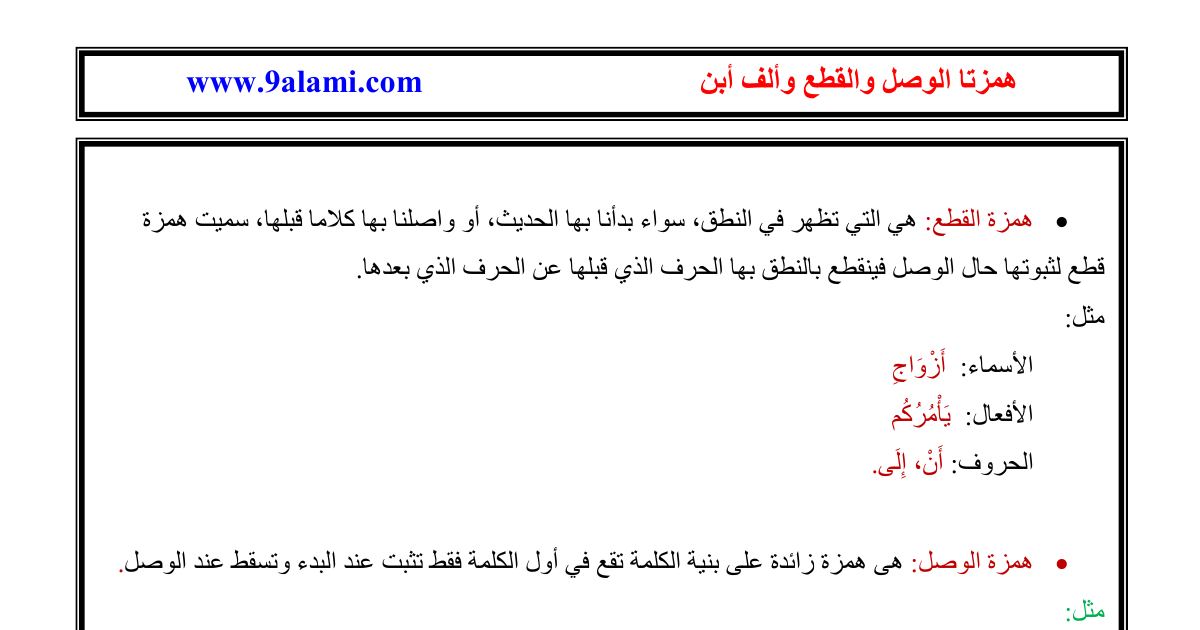 رأس الصفحة الأولى من درس في قواعد اللغة العربية: همزتا الوصل والقطع وأحكام حذف ألف ابن