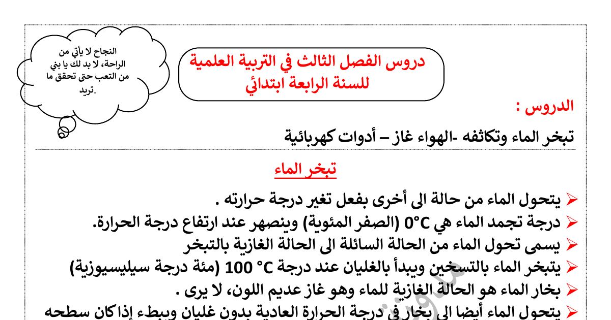 رأس الصفحة الأولى من ملخص دروس الفصل الثالث في التربية العلمية للسنة الرابعة ابتدائي