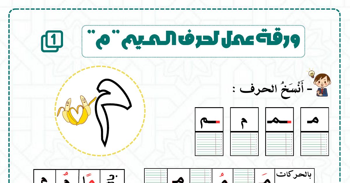 رأس الصفحة الأولى من ورقة عمل حرف الميم (م): النسخ والتجزئة والتركيب والحذف والتعويض للسنة الثانية ابتدائي