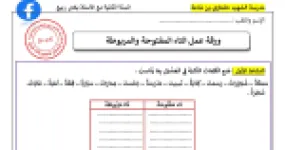 رأس الصفحة الأولى من ورقة عمل التاء المفتوحة والمربوطة: التصنيف والكتابة وإكمال القصة للسنة الثانية ابتدائي