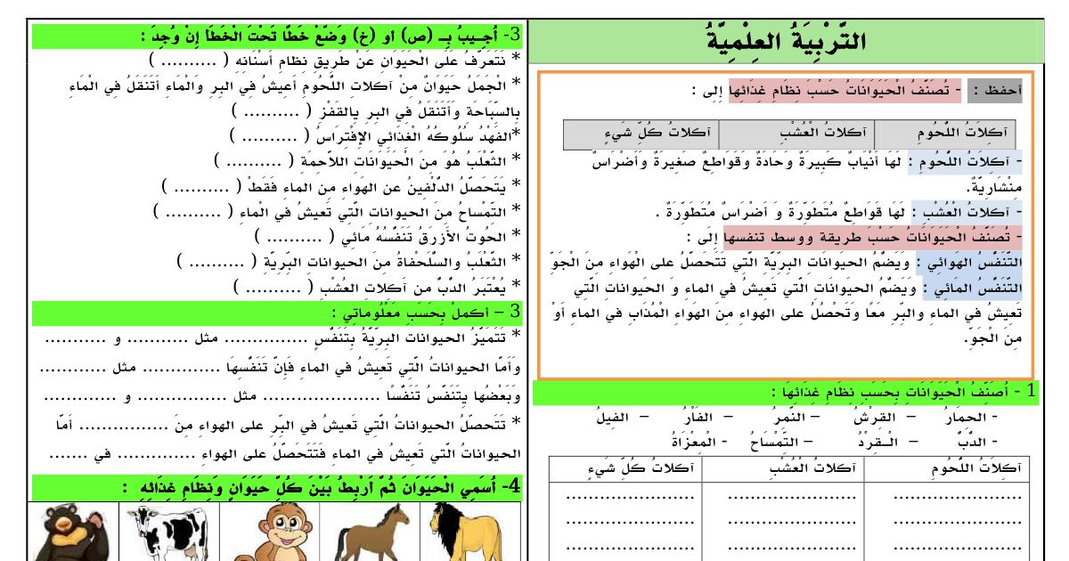 رأس الصفحة الأولى من تمارين في التربية العلمية: تصنيف الحيوانات حسب الغذاء وأنماط التنفس – السنة الثالثة ابتدائي