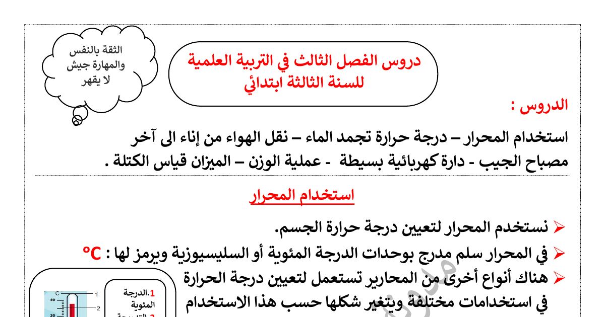 رأس الصفحة الأولى من دروس الفصل الثالث في التربية العلمية: المحرار ودرجة تجمد الماء والدارة الكهربائية وعملية الوزن – السنة الثالثة ابتدائي
