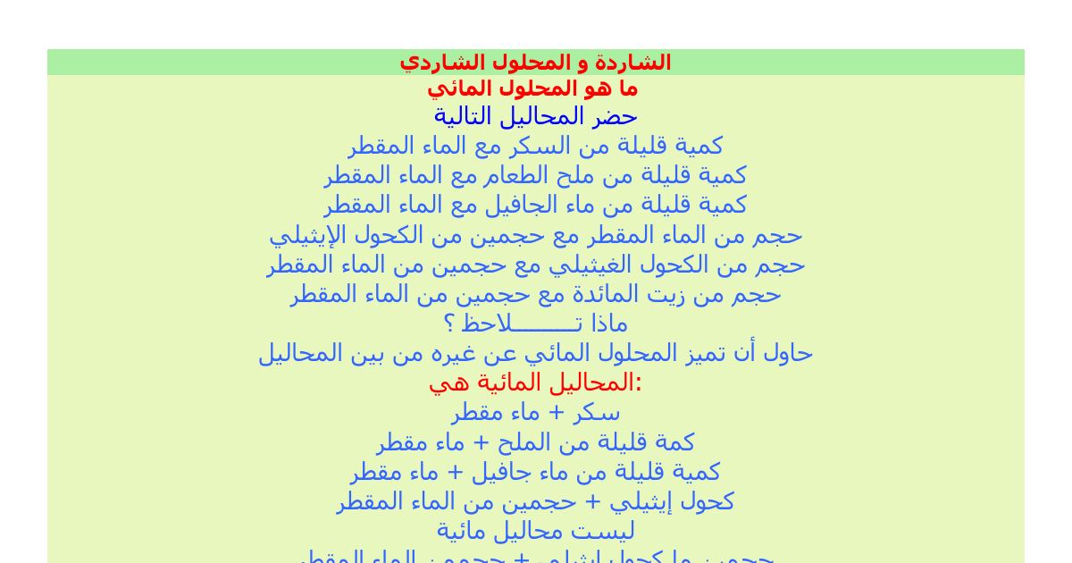 رأس الصفحة الأولى من ملخص المادة وتحولاتها: تمييز المحاليل المائية والكشف عن المحلول الشاردي والجزيئي – 4 متوسط