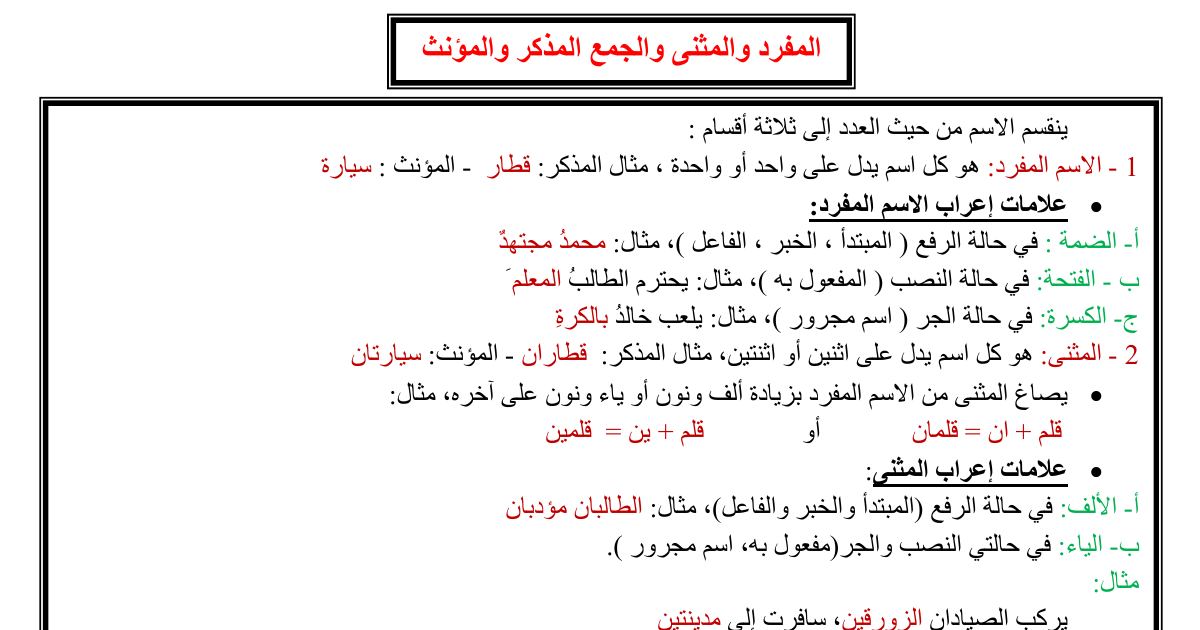 رأس الصفحة الأولى من درس المفرد والمثنى والجمع في اللغة العربية
