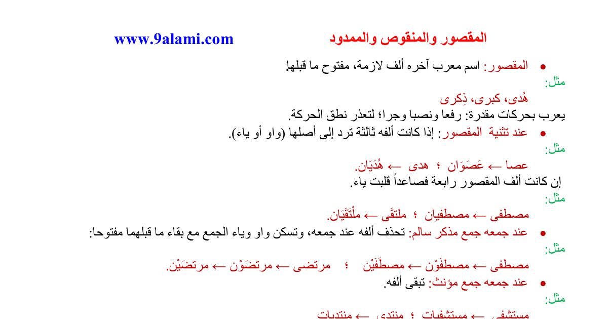 رأس الصفحة الأولى من درس المقصور والمنقوص والممدود في اللغة العربية