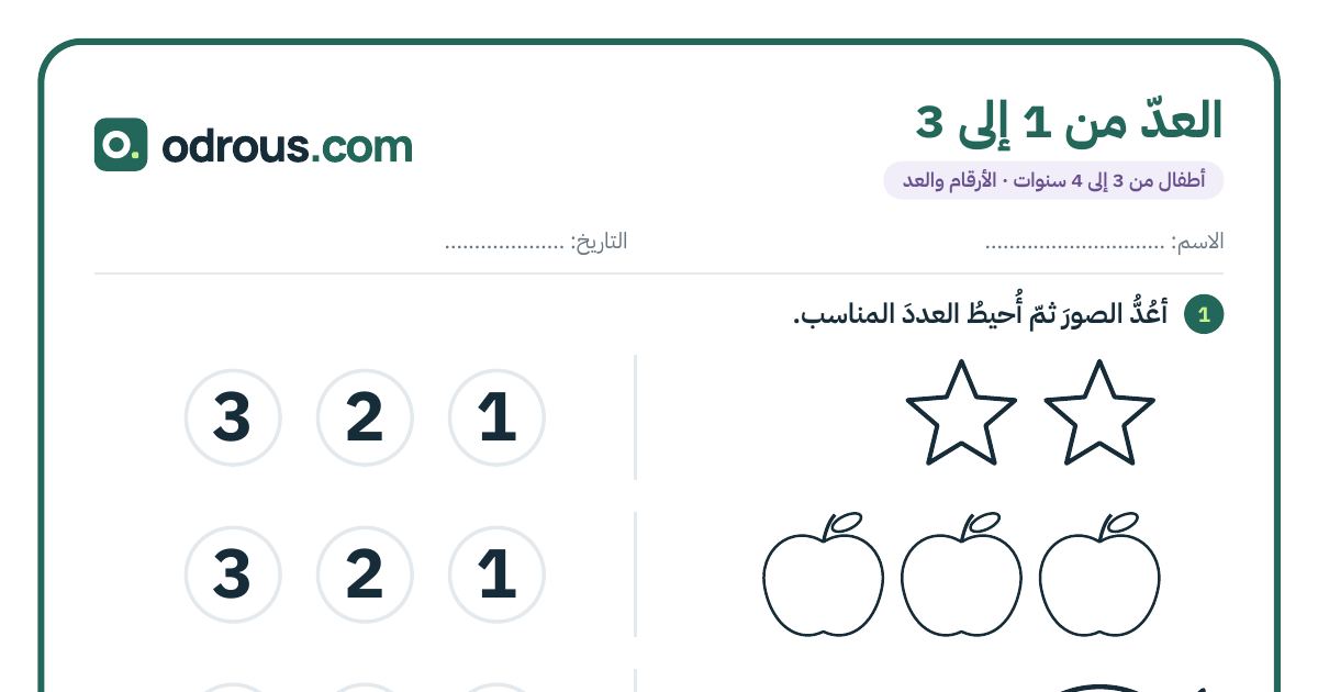 رأس الصفحة الأولى من العد من 1 إلى 3 وتتبع الأرقام لأطفال 3 إلى 4 سنوات
