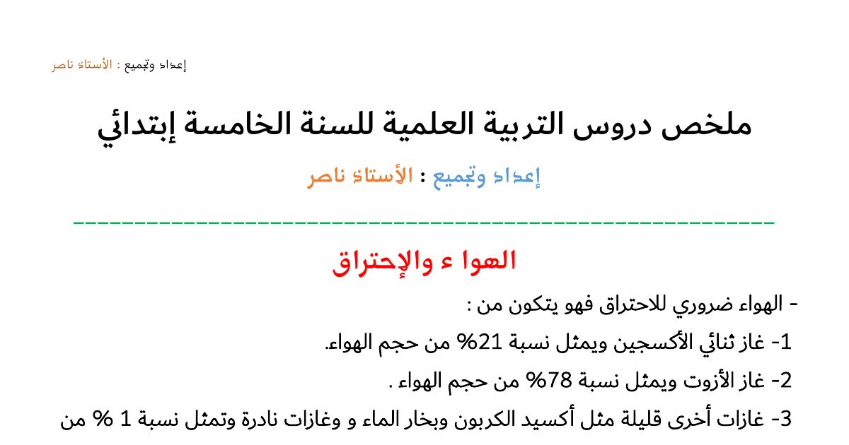 رأس الصفحة الأولى من ملخص دروس التربية العلمية للسنة الخامسة ابتدائي من إعداد الأستاذ ناصر