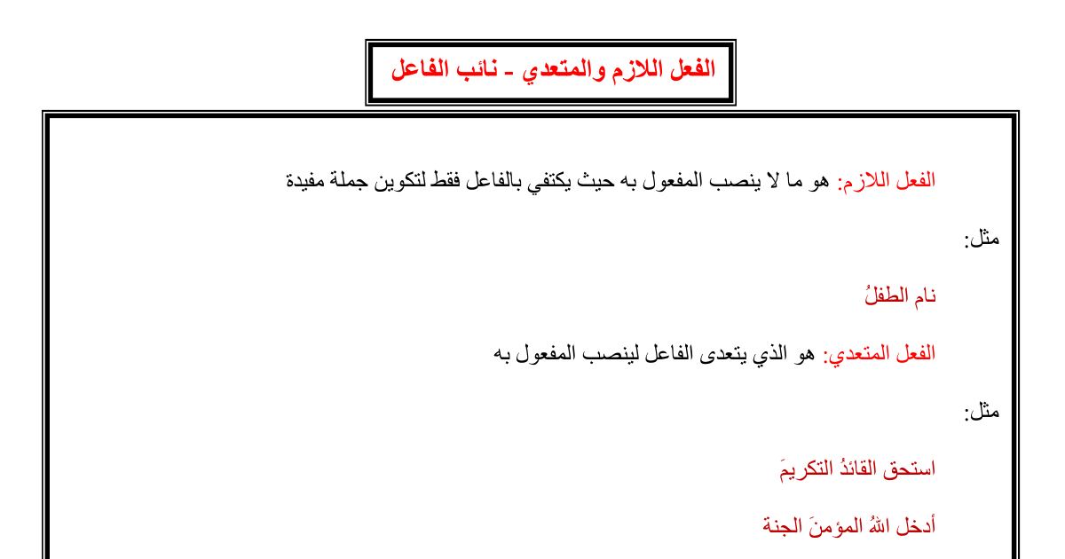 رأس الصفحة الأولى من درس الفعل اللازم والمتعدي ونائب الفاعل في اللغة العربية