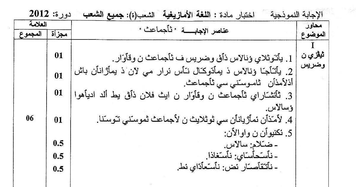 رأس الصفحة الأولى من الإجابة النموذجية لاختبار اللغة الأمازيغية – بكالوريا 2012 – جميع الشعب