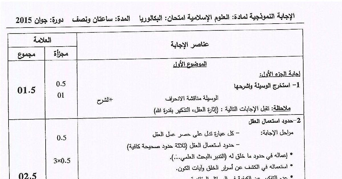 رأس الصفحة الأولى من الإجابة النموذجية لامتحان بكالوريا 2015 في العلوم الإسلامية: الوقف وخطبة الوداع ونظرة الإسلام للعمل
