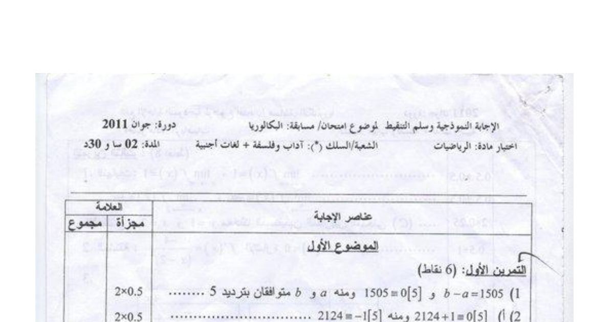 رأس الصفحة الأولى من تصحيح موضوع بكالوريا الرياضيات لشعبتي آداب وفلسفة ولغات أجنبية دورة جوان 2011