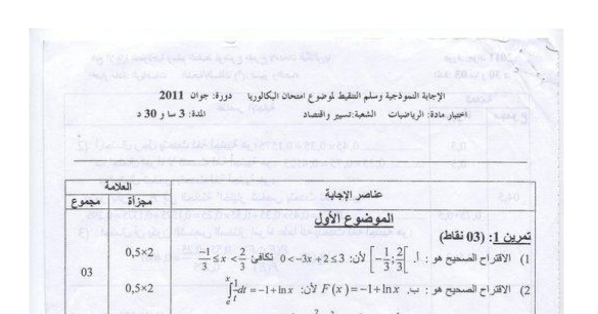 رأس الصفحة الأولى من تصحيح موضوع بكالوريا الرياضيات شعبة تسيير واقتصاد دورة 2011