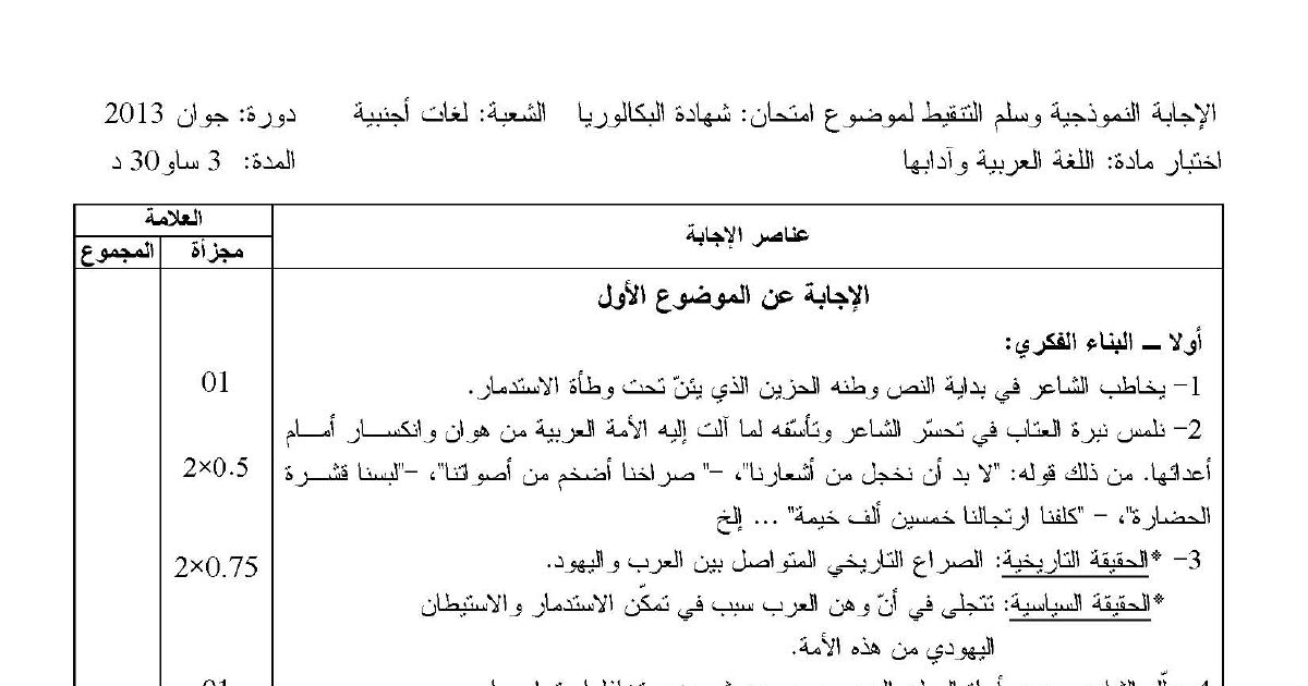 رأس الصفحة الأولى من تصحيح بكالوريا 2013 في اللغة العربية وآدابها شعبة لغات أجنبية – نزار قباني والأمية