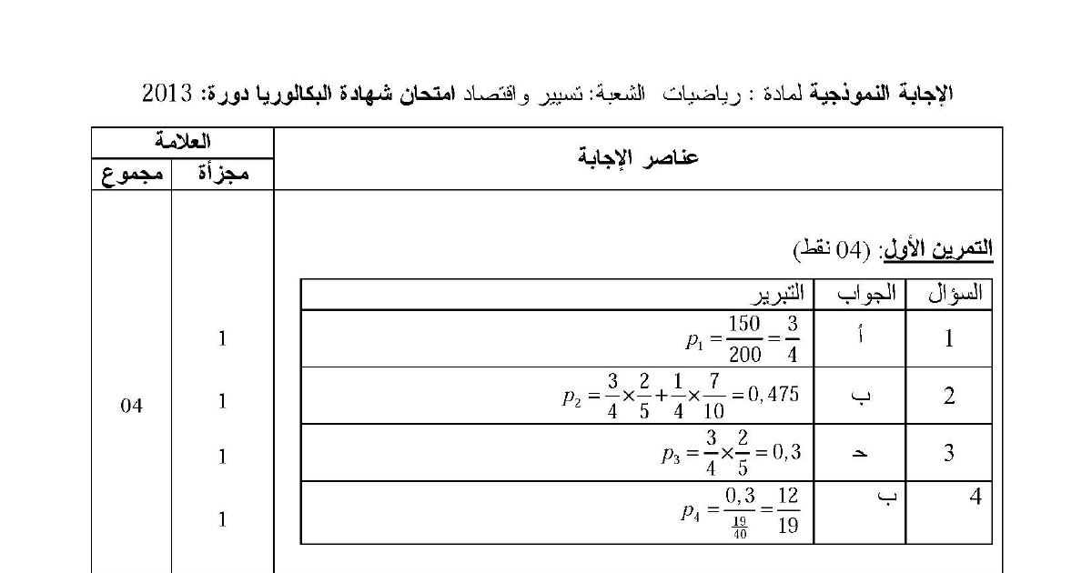 رأس الصفحة الأولى من تصحيح اختبار البكالوريا في الرياضيات لشعبة تسيير واقتصاد دورة 2013