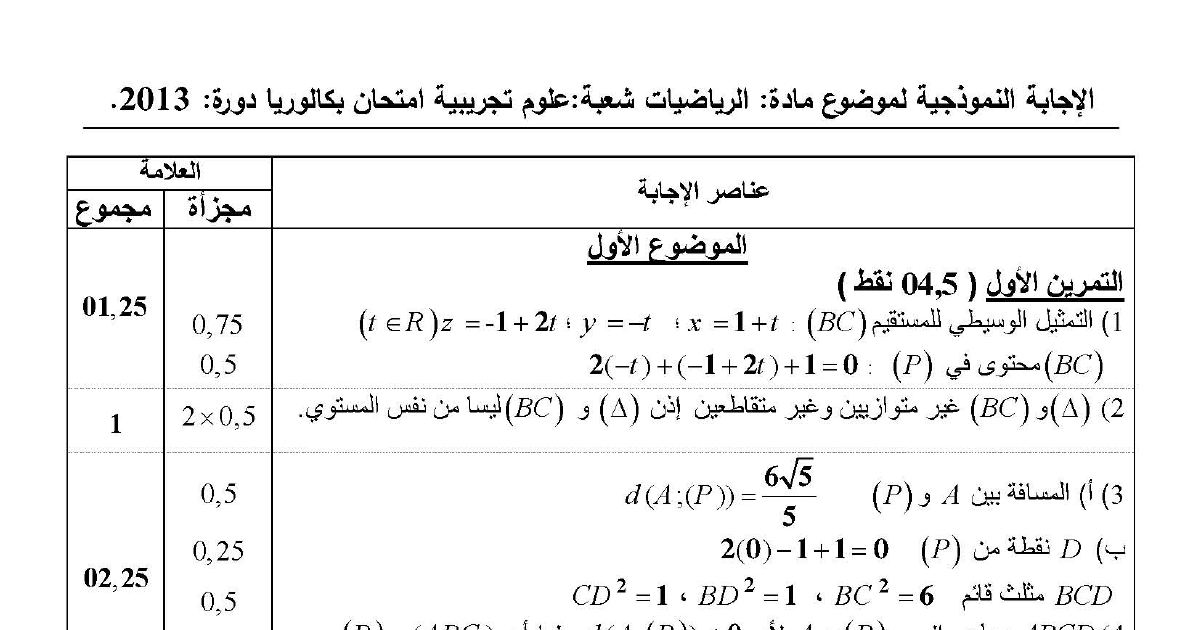 رأس الصفحة الأولى من تصحيح اختبار مادة الرياضيات بكالوريا 2013 شعبة علوم تجريبية