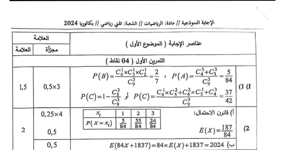 رأس الصفحة الأولى من تصحيح موضوع الرياضيات بكالوريا 2024 شعبة تقني رياضي (الموضوعان الأول والثاني)