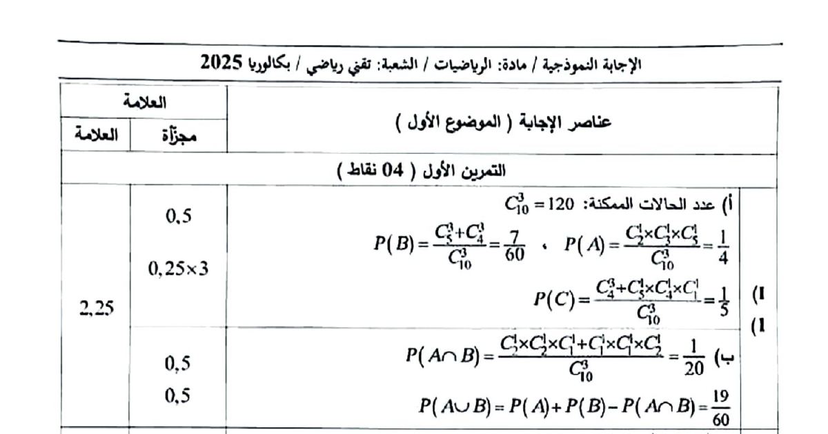 رأس الصفحة الأولى من تصحيح موضوع بكالوريا الرياضيات شعبة تقني رياضي 2025