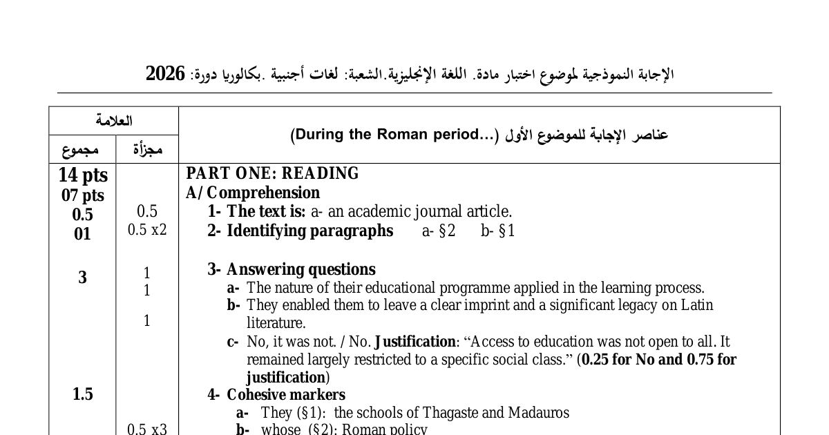 رأس الصفحة الأولى من التصحيح النموذجي لاختبار اللغة الإنجليزية بكالوريا 2026 شعبة لغات أجنبية - During the Roman period