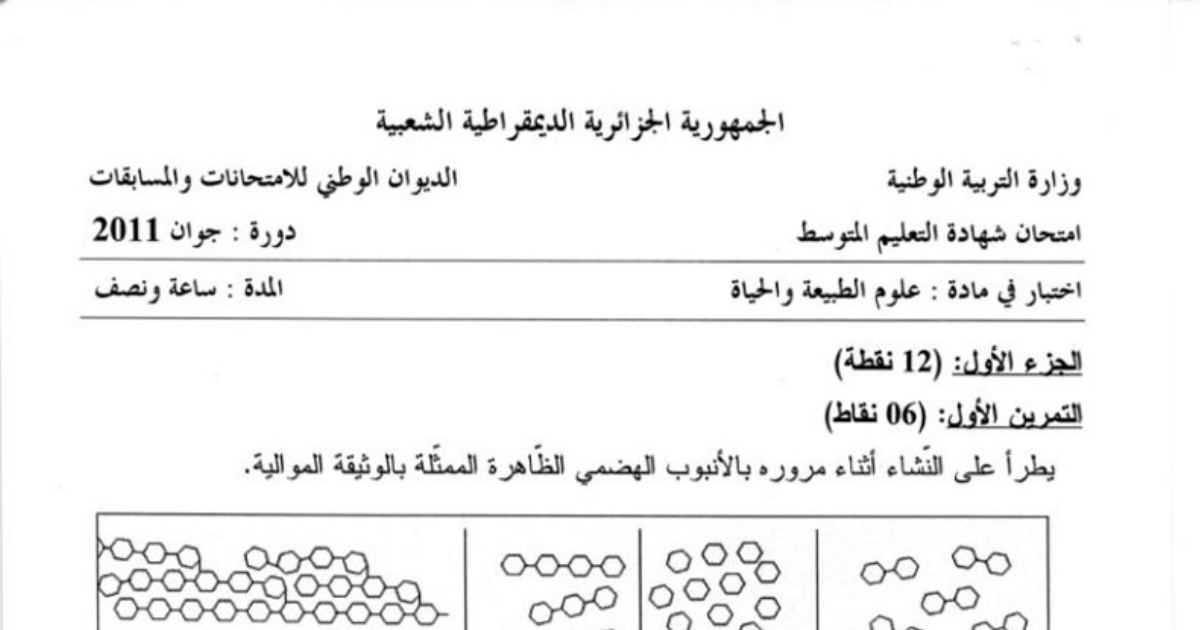 رأس الصفحة الأولى من اختبار علوم الطبيعة والحياة — شهادة التعليم المتوسط دورة جوان 2011: هضم النشاء والأجسام المضادة وفقر الدم المنجلي