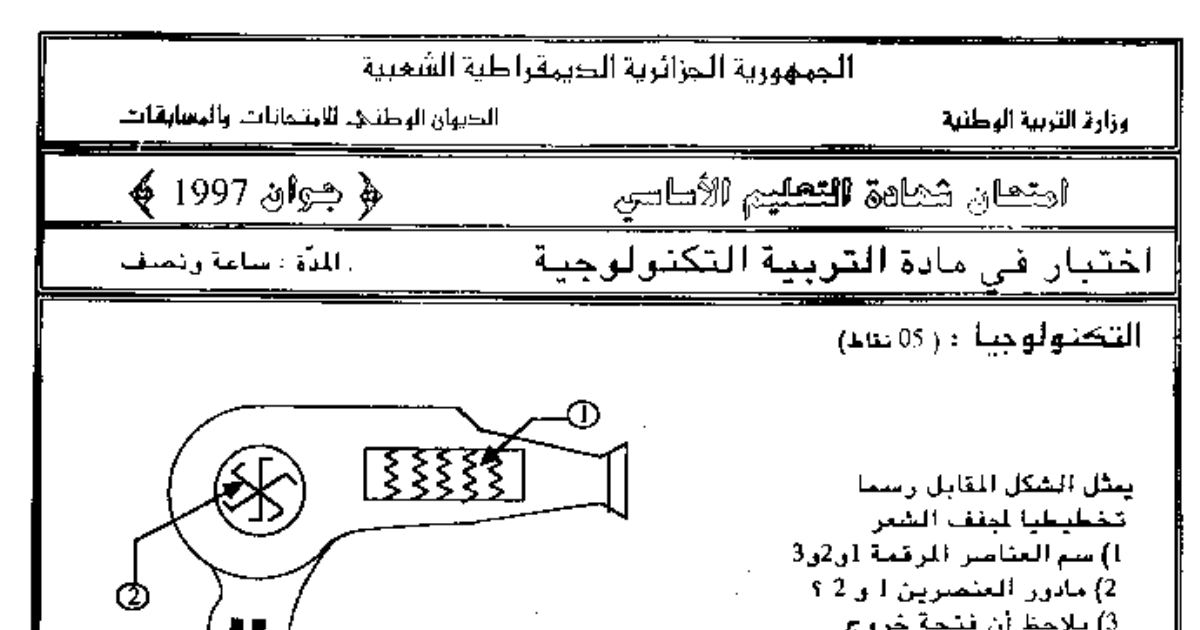 رأس الصفحة الأولى من امتحان شهادة التعليم الأساسي في التربية التكنولوجية دورة جوان 1997: مجفف الشعر ودارة الإثارة البسيطة