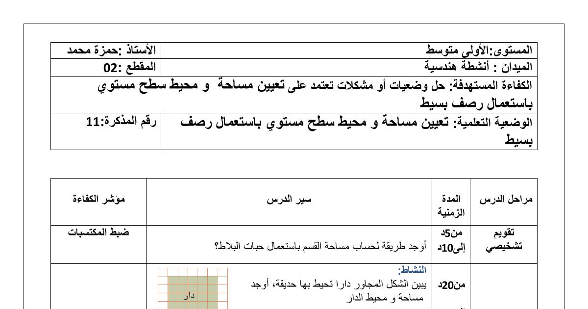 رأس الصفحة الأولى من مذكرة درس تعيين مساحة ومحيط سطح مستوي باستعمال رصف بسيط للأولى متوسط