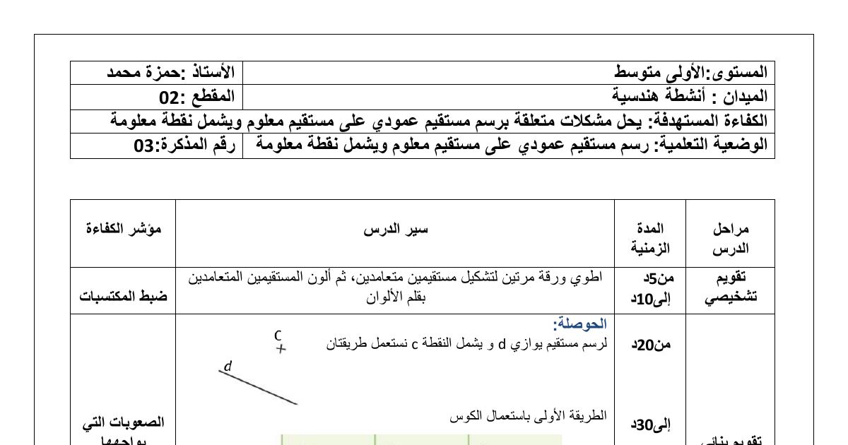 رأس الصفحة الأولى من مذكرة درس رسم مستقيم عمودي على مستقيم معلوم ويشمل نقطة معلومة - الأولى متوسط