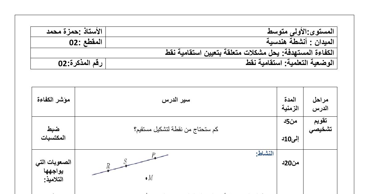 رأس الصفحة الأولى من مذكرة درس استقامية نقط - الرياضيات للسنة الأولى متوسط