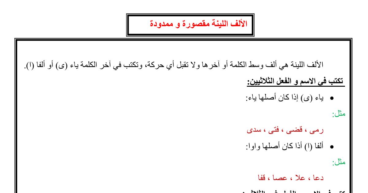 رأس الصفحة الأولى من درس الألف اللينة مقصورة وممدودة في اللغة العربية