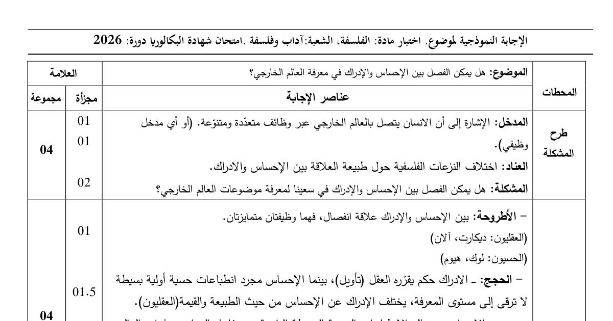 رأس الصفحة الأولى من الإجابة النموذجية لامتحان الفلسفة بكالوريا 2026 شعبة آداب وفلسفة