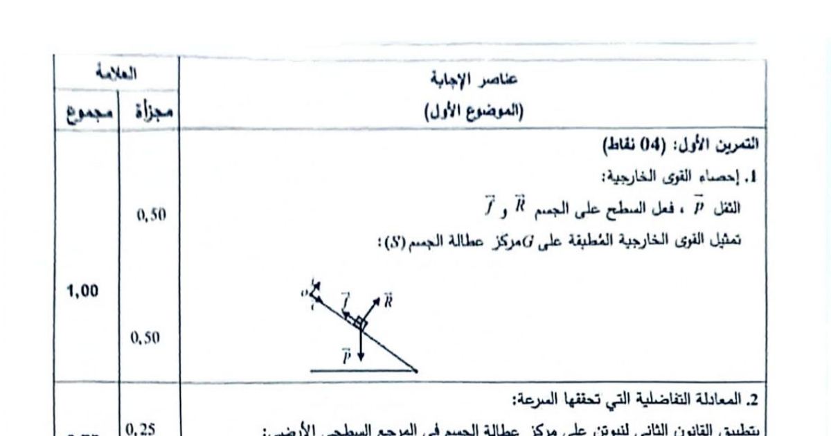 رأس الصفحة الأولى من تصحيح موضوع بكالوريا 2025 في الفيزياء - شعبة رياضيات وتقني رياضي