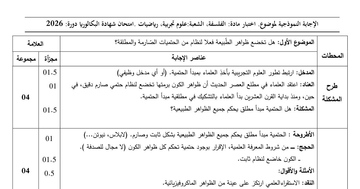 رأس الصفحة الأولى من تصحيح اختبار الفلسفة للسنة الثالثة ثانوي شعبتي علوم تجريبية ورياضيات بكالوريا 2026 - عناصر الإجابة النموذجية والحتمية الطبيعية