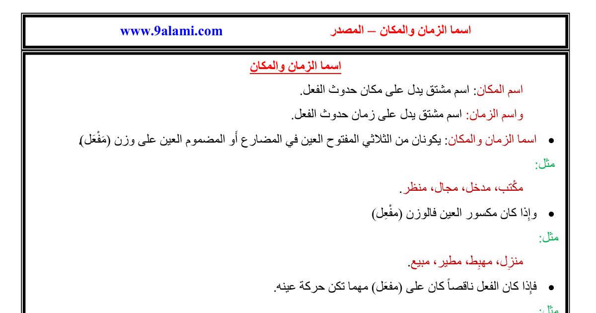 رأس الصفحة الأولى من ملخص درس اسما الزمان والمكان والمصدر في اللغة العربية