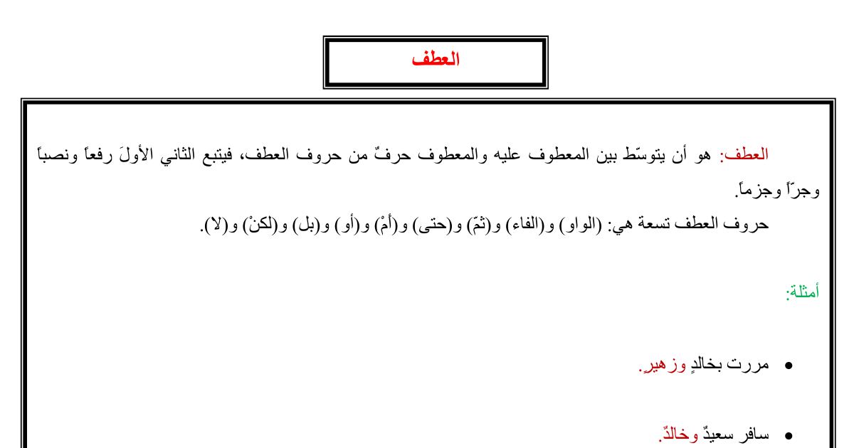 رأس الصفحة الأولى من درس العطف وحروف العطف في اللغة العربية