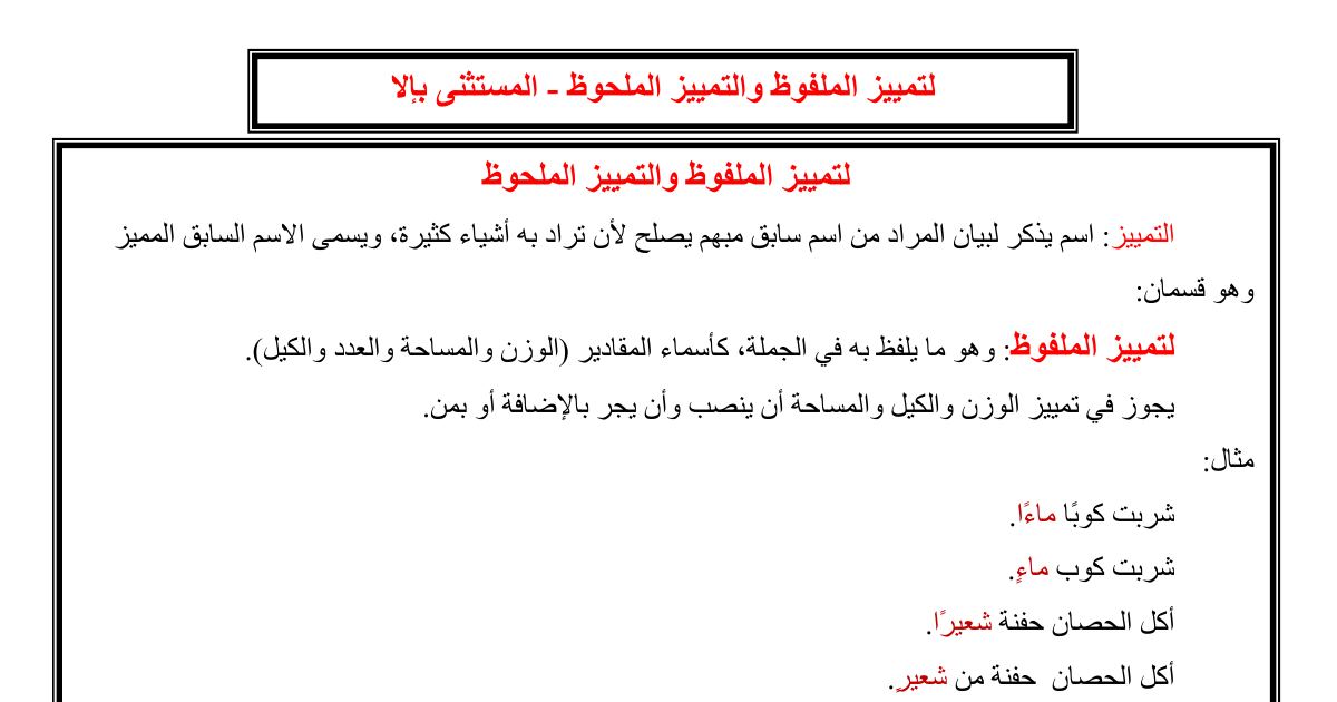 رأس الصفحة الأولى من درس التمييز الملفوظ والتمييز الملحوظ والمستثنى بإلا