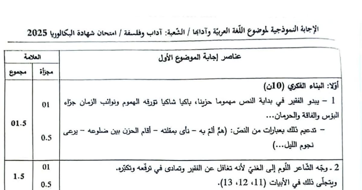 رأس الصفحة الأولى من تصحيح موضوع البكالوريا 2025 في اللغة العربية وآدابها - شعبة آداب وفلسفة