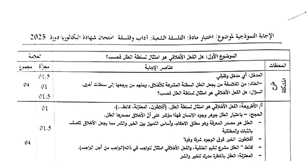 رأس الصفحة الأولى من تصحيح موضوع بكالوريا 2025 في مادة الفلسفة - شعبة آداب وفلسفة