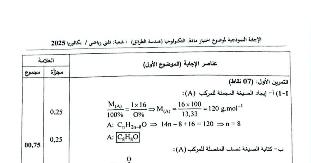 رأس الصفحة الأولى من تصحيح موضوع بكالوريا التكنولوجيا (هندسة الطرائق) شعبة تقني رياضي 2025