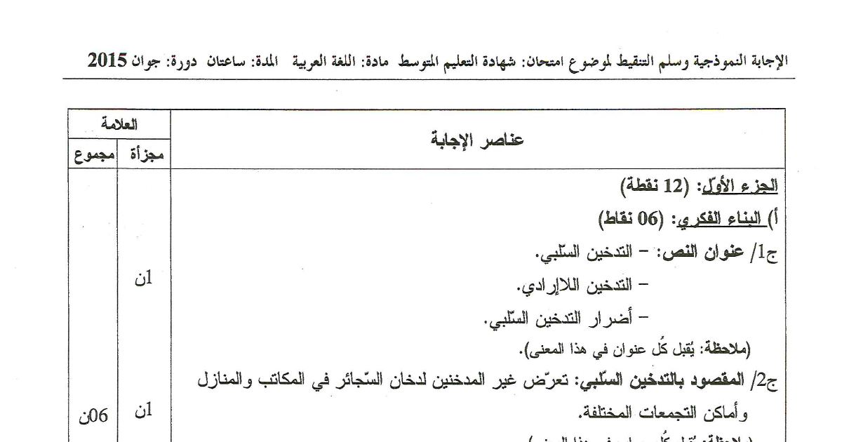 رأس الصفحة الأولى من الإجابة النموذجية وسلّم التنقيط لموضوع اللغة العربية في شهادة التعليم المتوسط دورة جوان 2015 — نص التدخين السلبي