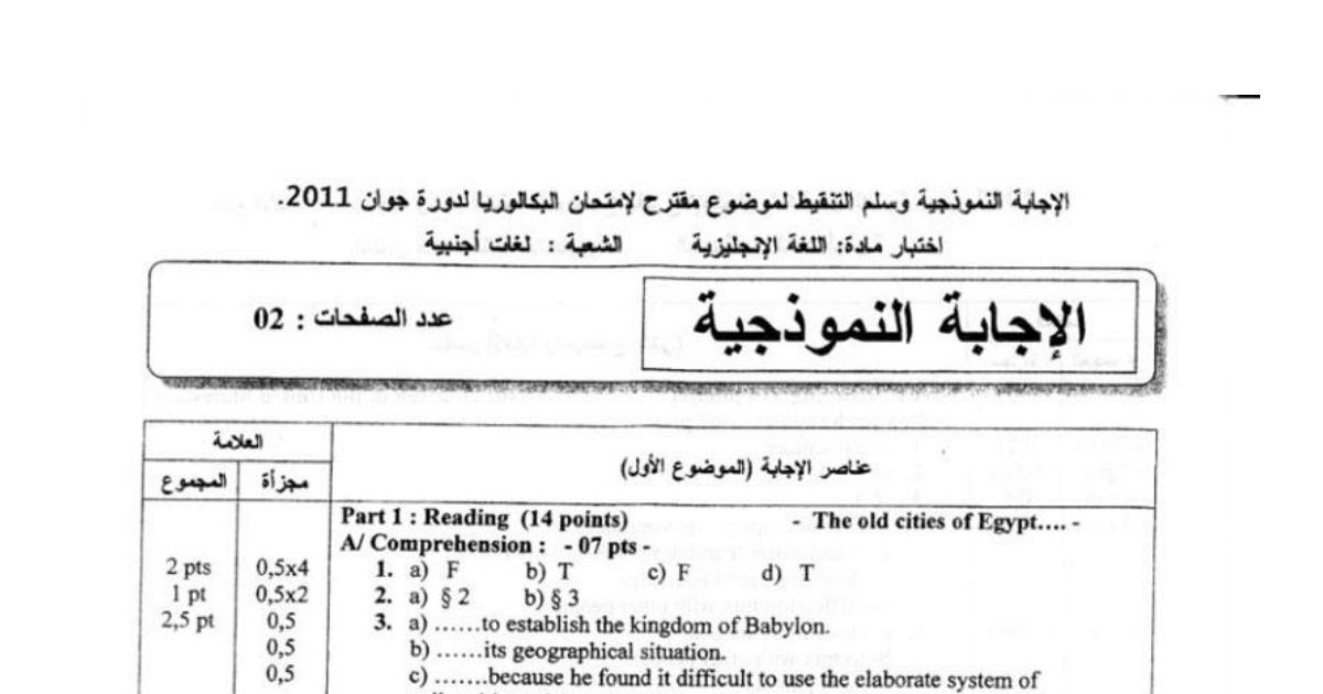 رأس الصفحة الأولى من تصحيح موضوع امتحان البكالوريا في اللغة الإنجليزية شعبة لغات أجنبية دورة جوان 2011