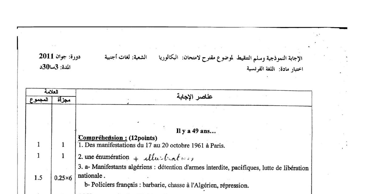 رأس الصفحة الأولى من تصحيح امتحان البكالوريا في اللغة الفرنسية شعبة لغات أجنبية دورة جوان 2011 م مظاهرات 17 أكتوبر 1961