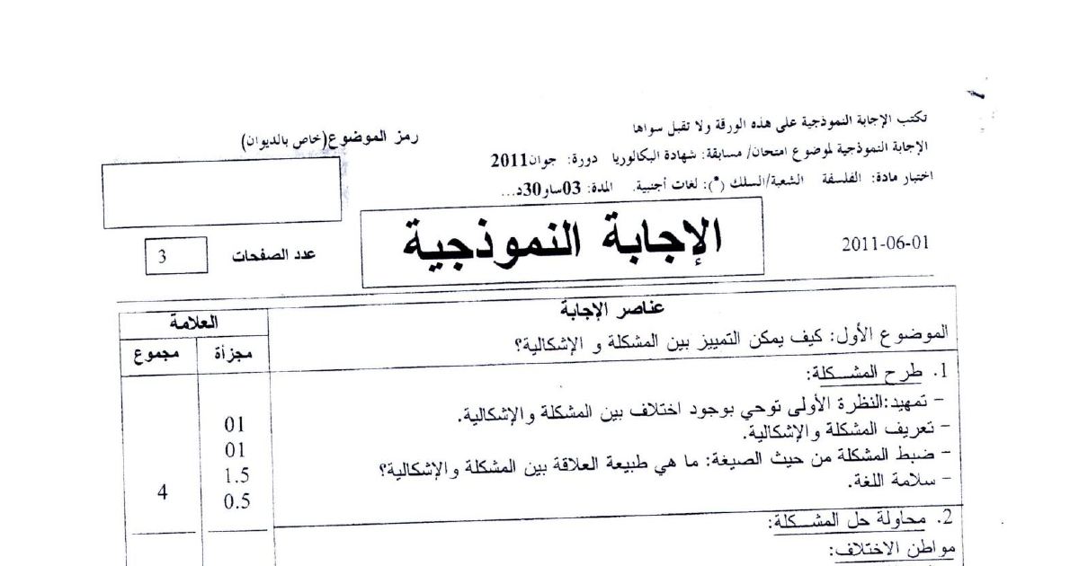 رأس الصفحة الأولى من تصحيح موضوع امتحان البكالوريا في مادة الفلسفة - شعبة لغات أجنبية - دورة جوان 2011