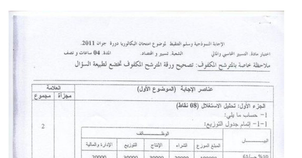 رأس الصفحة الأولى من تصحيح امتحان التسيير المحاسبي والمالي بكالوريا 2011 شعبة تسيير واقتصاد تحليل الاستغلال والمحاسبة التحليلية