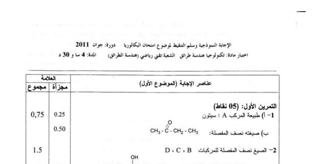 رأس الصفحة الأولى من تصحيح موضوع اختبار مادة التكنولوجيا هندسة الطرائق شعبة تقني رياضي بكالوريا 2011