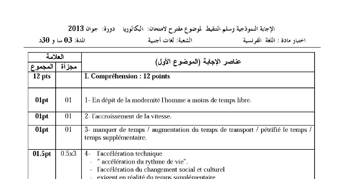 رأس الصفحة الأولى من تصحيح اختبار اللغة الفرنسية بكالوريا 2013 شعبة لغات أجنبية