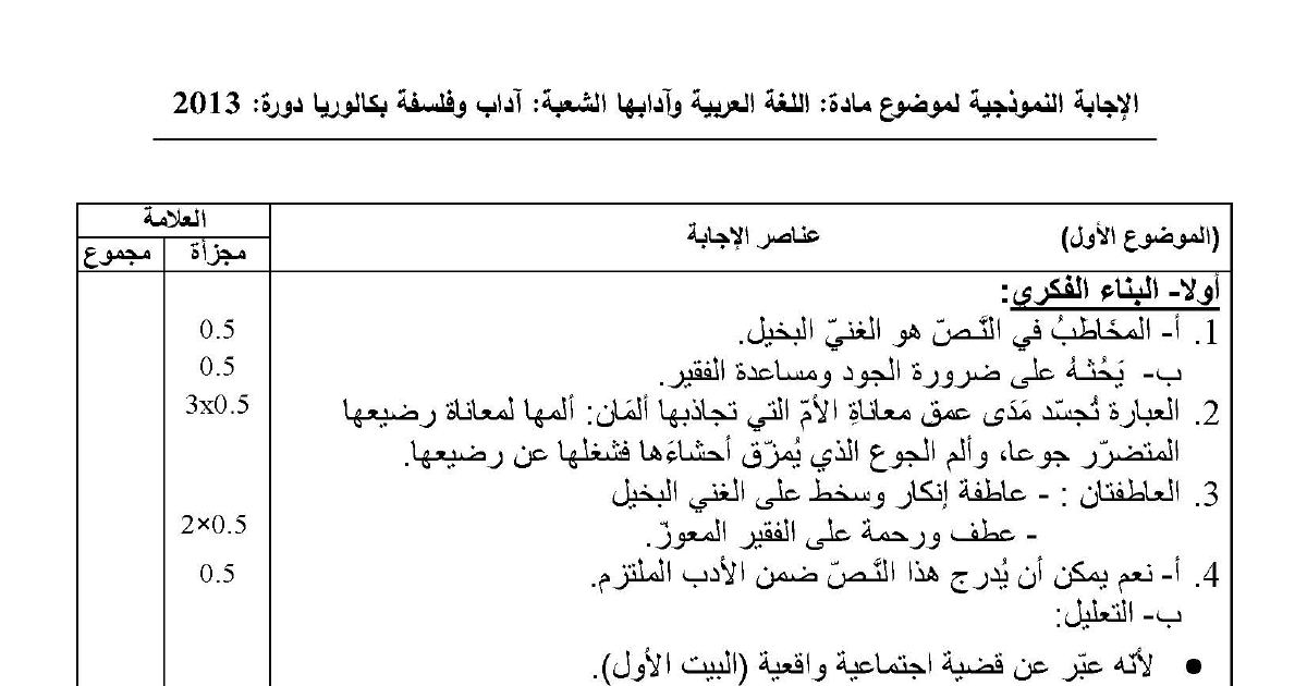 رأس الصفحة الأولى من تصحيح امتحان بكالوريا 2013 في اللغة العربية شعبة آداب وفلسفة