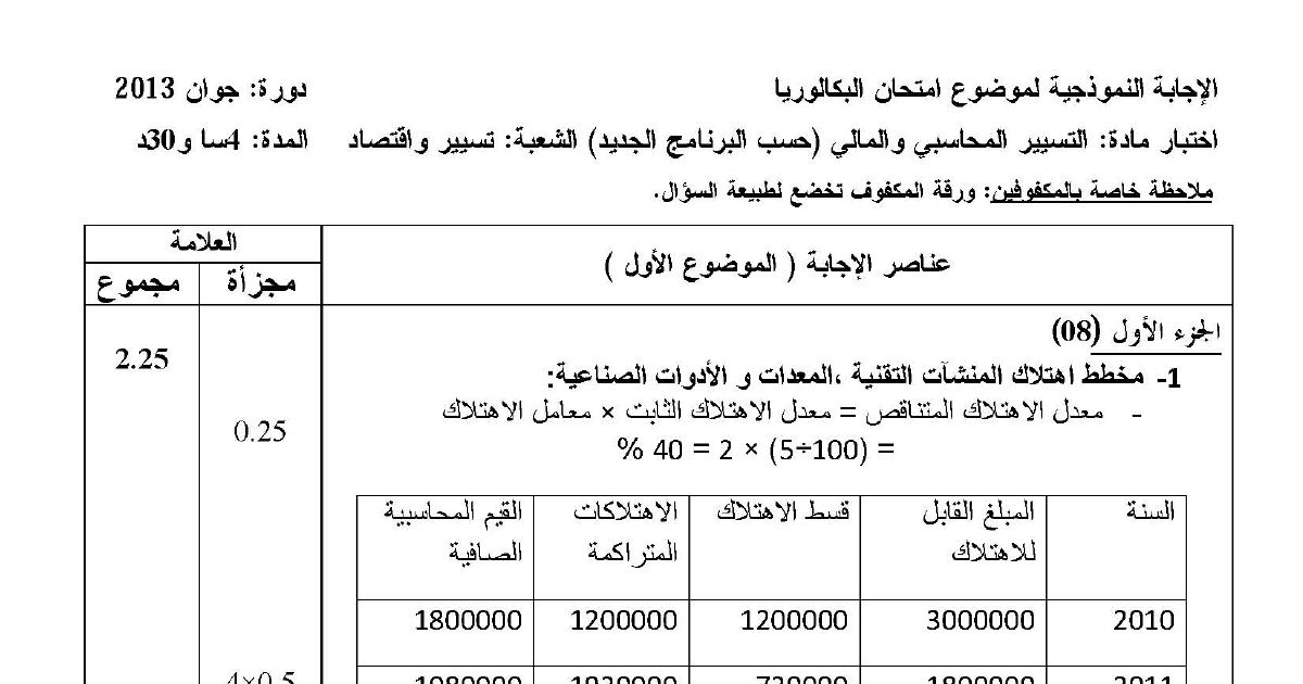 رأس الصفحة الأولى من تصحيح اختبار البكالوريا في مادة التسيير المحاسبي والمالي شعبة تسيير واقتصاد دورة جوان 2013 الموضوع الأول إهتلاك المنشآت التقنية