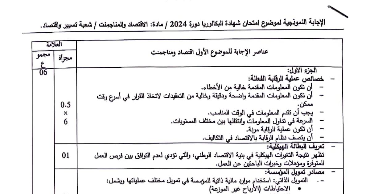 رأس الصفحة الأولى من تصحيح موضوع الاقتصاد والمناجمنت بكالوريا 2024 شعبة تسيير واقتصاد الرقابة الفعالة