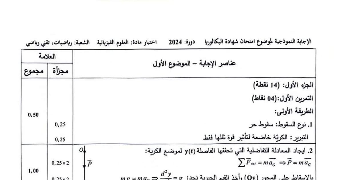 رأس الصفحة الأولى من تصحيح موضوع العلوم الفيزيائية في بكالوريا 2024 شعبة رياضيات وتقني رياضي - تدحرج النواة والأعمدة الكيميائية