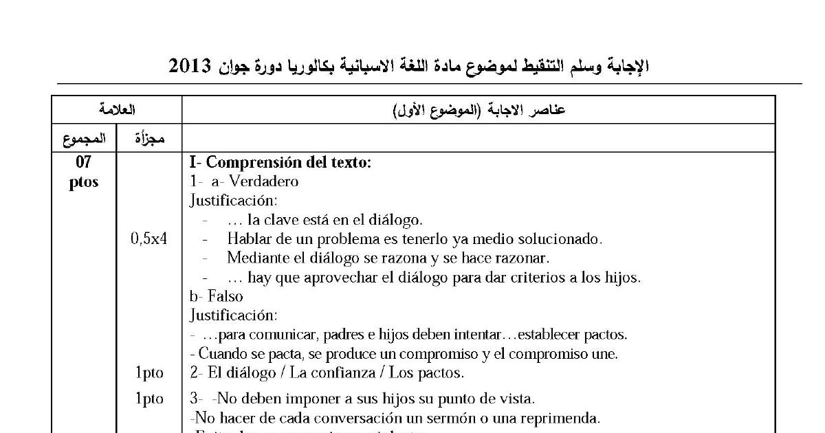 رأس الصفحة الأولى من تصحيح امتحان مادة اللغة الإسبانية بكالوريا 2013 شعبة لغات أجنبية الموضوع الأول والثاني